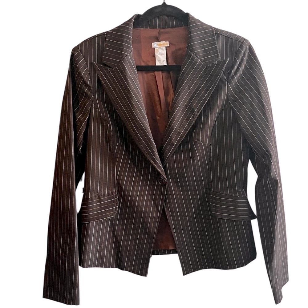 Y2K Rubber Ducky Productions Brown Striped Blazer one button womens Large L